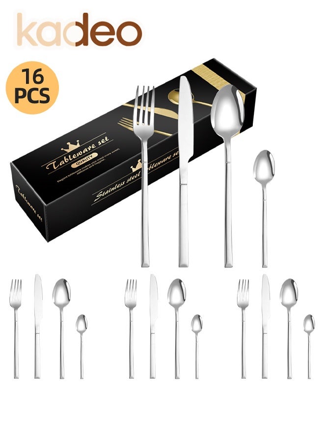 kadeo Silverware Set for 4, 16 Piece Heavy Duty Stainless Steel Flatware Utensils Cutlery Set Including Steak Knife Fork and Spoon, Dishwasher Safe, Gift Package for Wedding Housewarming - Image 1